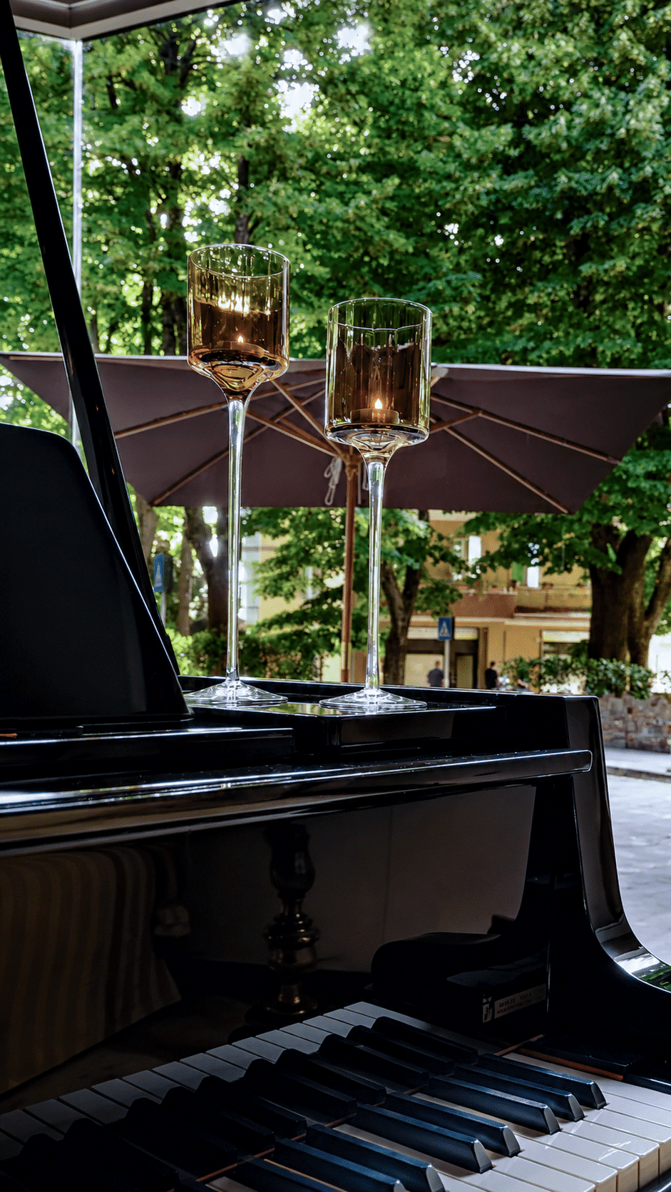 Two glasses on a piano, tree-lined background.